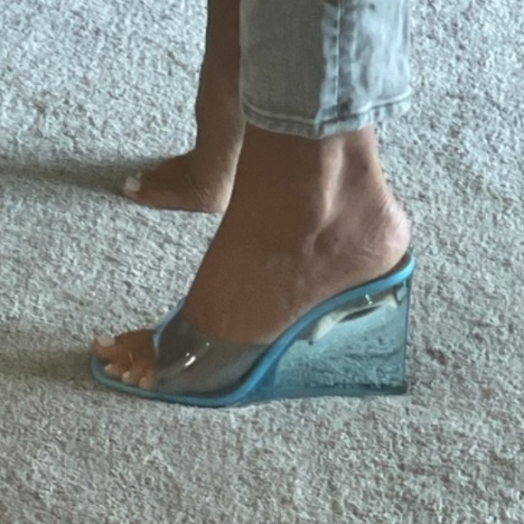 😊SOLD😊Amina Muaddi Blue Lupita Glass Wedge Heeled Sandals in 39 - Picture 14 of 15